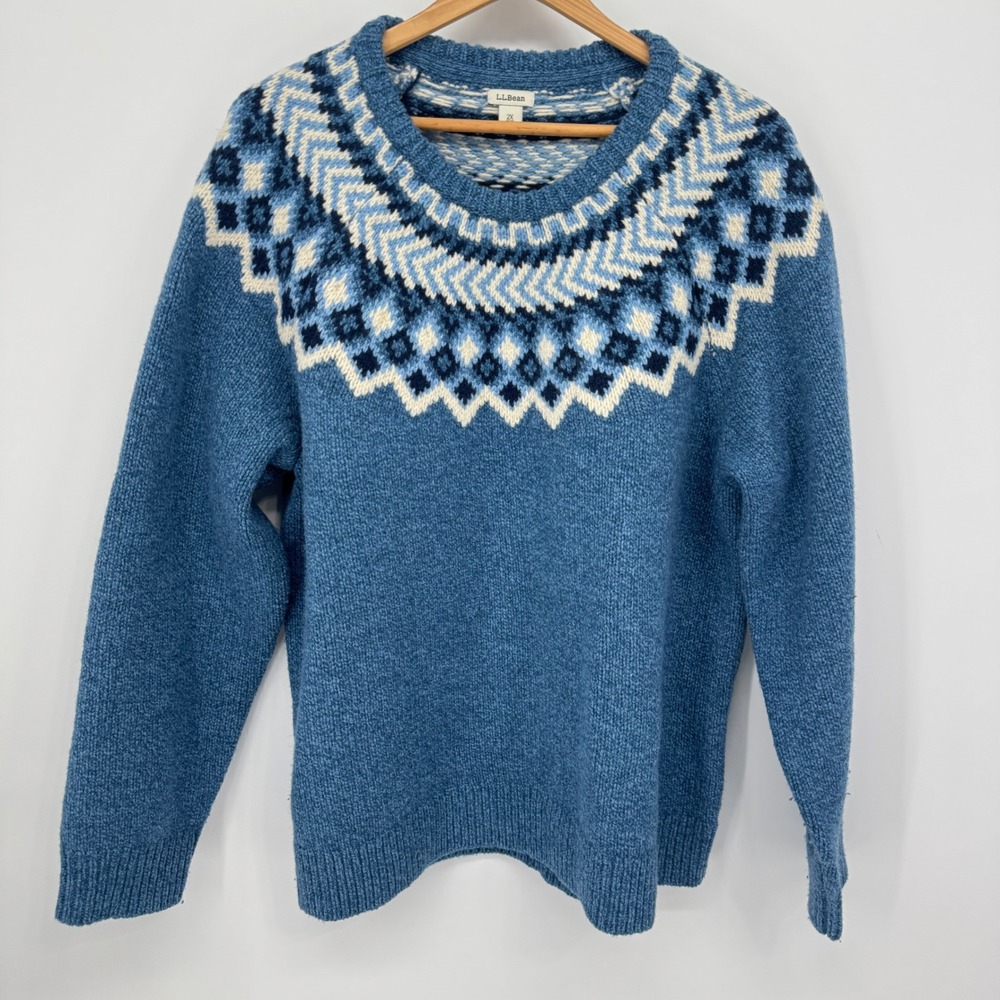 LL Bean Fair Isle Lambswool Sweater Womens 2X Blue Nordic Knit Cabin Heritage